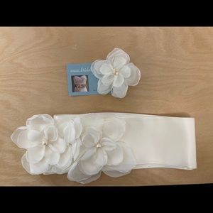 Satin wedding sash and hairpiece.